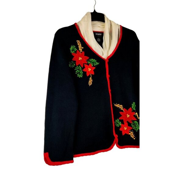 VTG 90s Christmas Sweater Cardigan L Design Originals Studio Joy Poinsettias - Picture 15 of 15